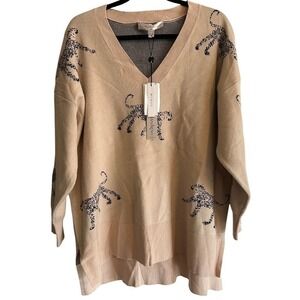 Catherine Malandrino Tan Leopard Print‎ V Neck Long Sleeve Sweater Tunic Women's